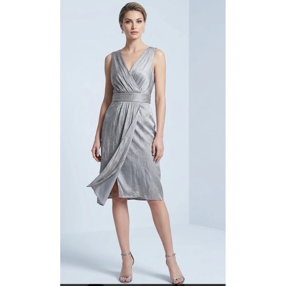 dressbarn Dresses & Skirts - Dressbarn Collection Silver Metallic Faux Wrap Sheath Cocktail Dress Size 12 NWT